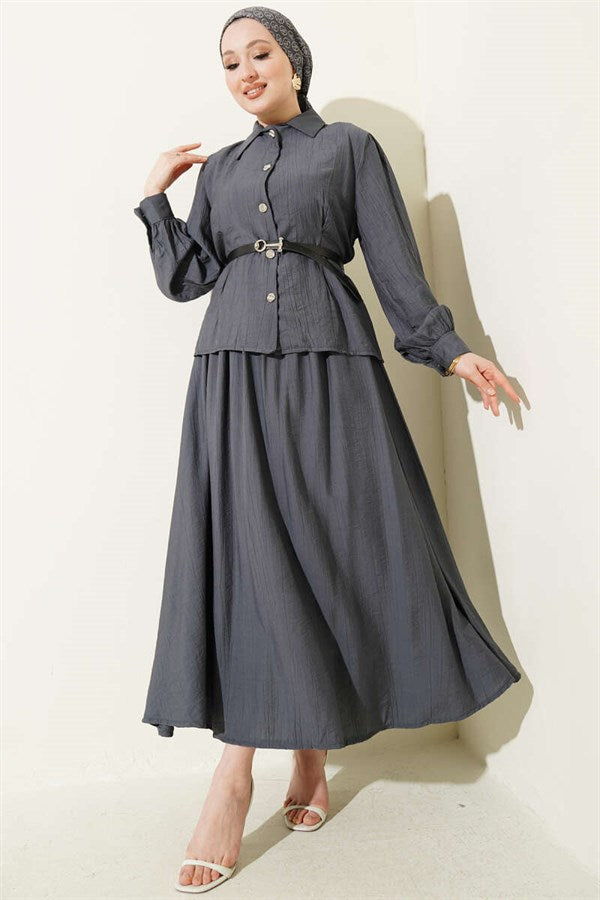 2 Piece Set with belt, darted waist and skirt, in smoky gray.