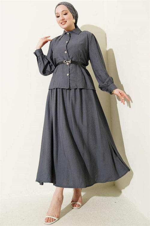 2 Piece Set with belt, darted waist and skirt, in smoky gray.