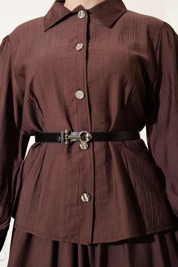 2 Piece Set in coffee color: Belted skirt with darts at the waist.