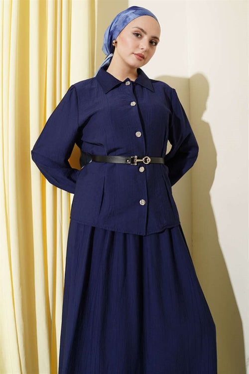 2 Piece Set in navy blue with belt and darted waist.