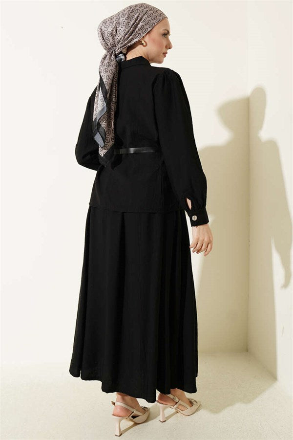 2 Piece Set with belt and darted waist, black skirt.