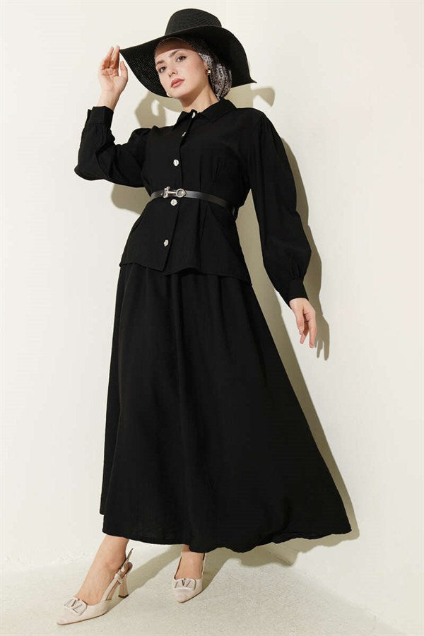 2 Piece Set with belt and darted waist, black skirt.