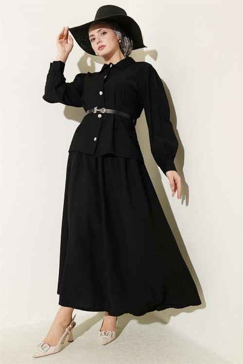 2 Piece Set with belt and darted waist, black skirt.