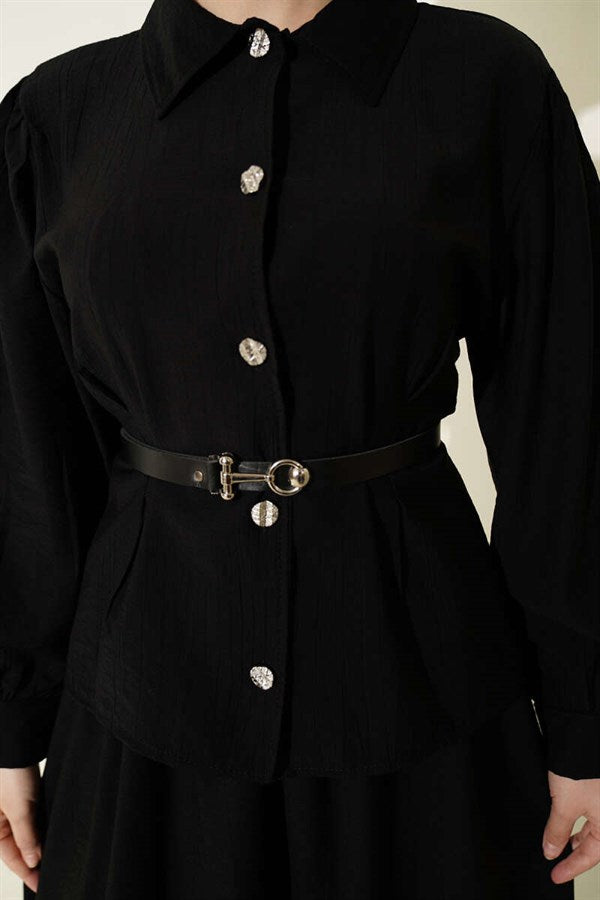 2 Piece Set with belt and darted waist, black skirt.