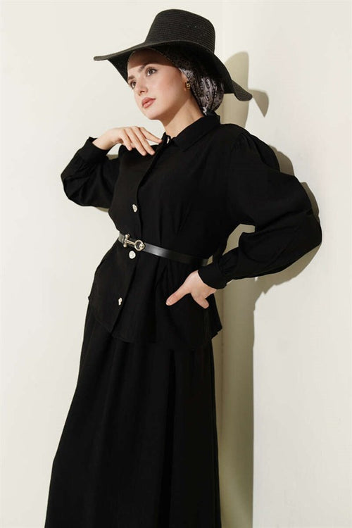 2 Piece Set with belt and darted waist, black skirt.