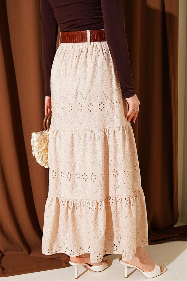 Belted Embroidered Layered Skirt Beige