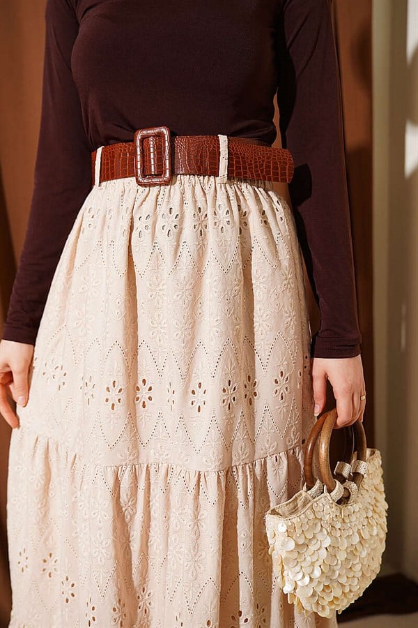Belted Embroidered Layered Skirt Beige