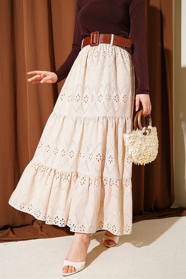 Belted Embroidered Layered Skirt Beige