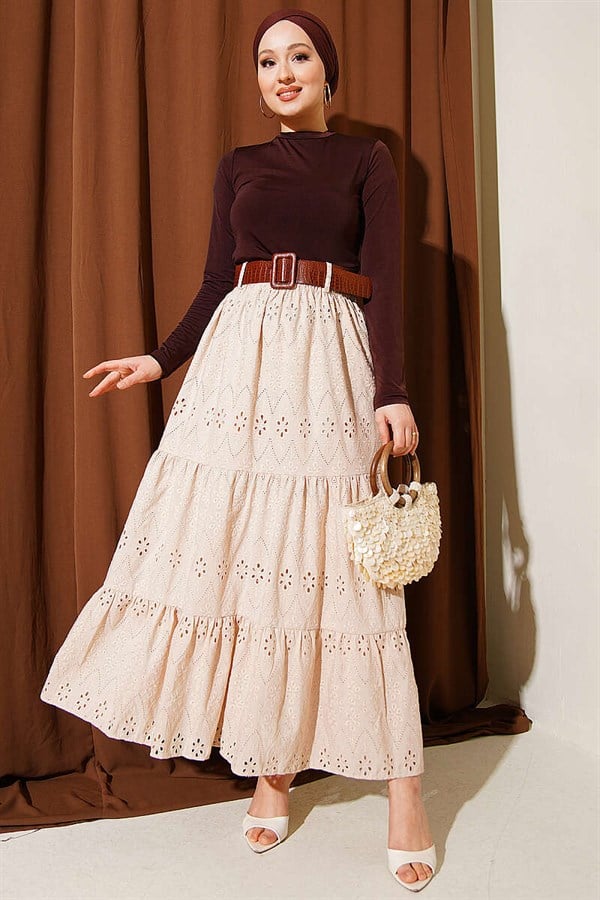 Belted Embroidered Layered Skirt Beige
