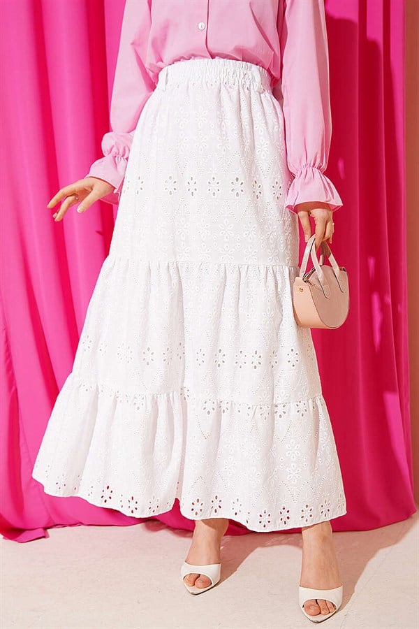 Belted Embroidered Layered Skirt White