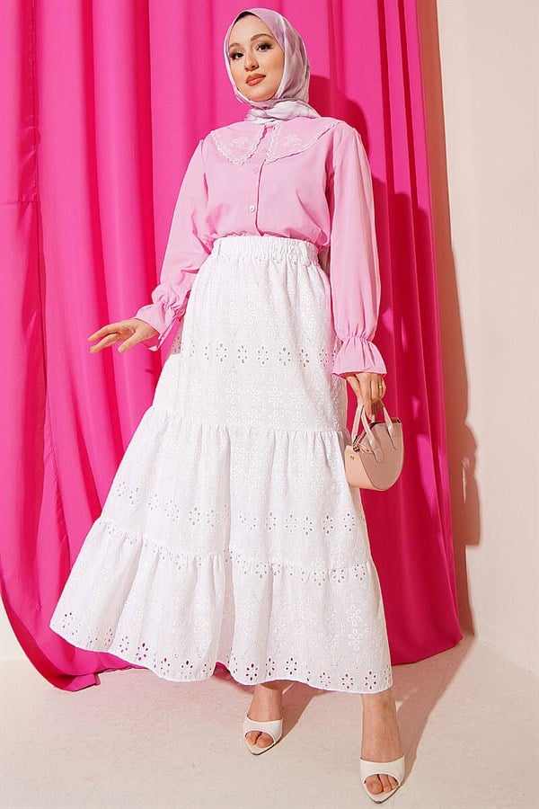Belted Embroidered Layered Skirt White