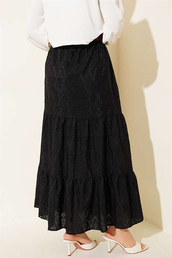 Embroidered Layered Skirt with Belt, Black