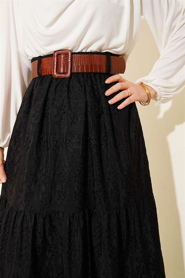 Embroidered Layered Skirt with Belt, Black