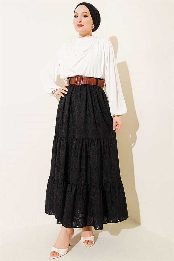 Embroidered Layered Skirt with Belt, Black