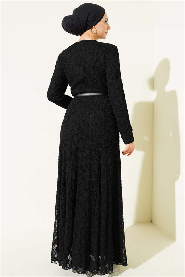 Belted Ruched Lace Dress Black