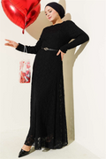 Belted Ruched Lace Dress Black