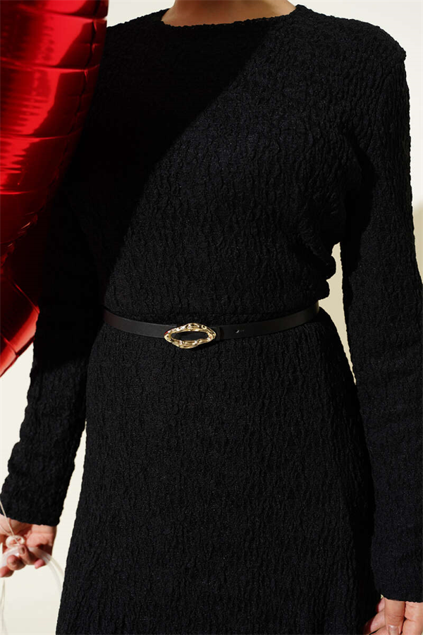 Belted Ruched Lace Dress Black