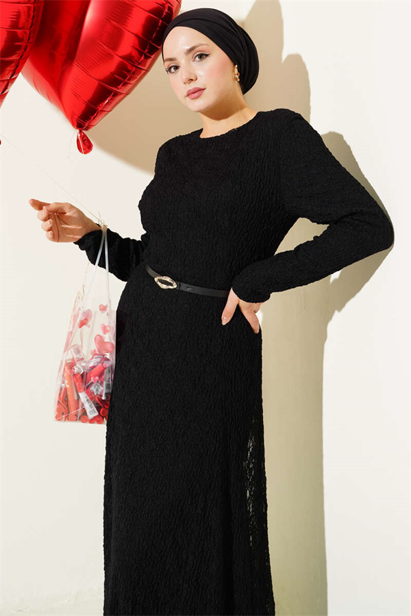 Belted Ruched Lace Dress Black