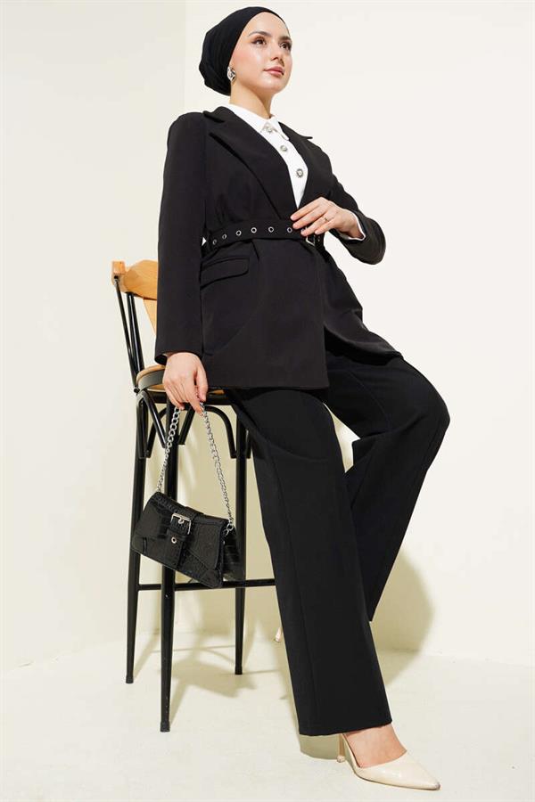 Belted Pocket Flap Jacket 2 Piece Set Black