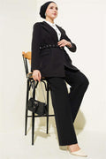 Belted Pocket Flap Jacket 2 Piece Set Black