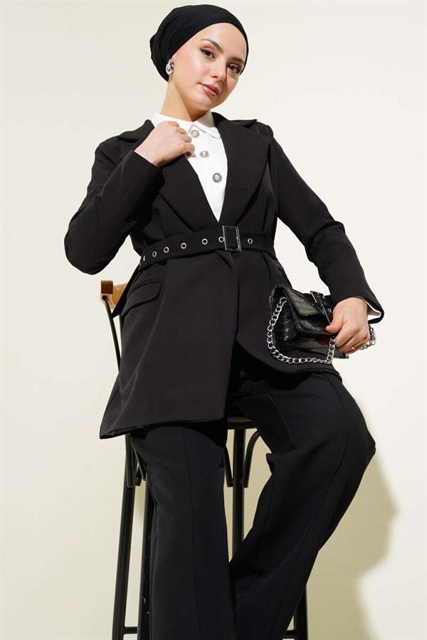 Belted Pocket Flap Jacket 2 Piece Set Black