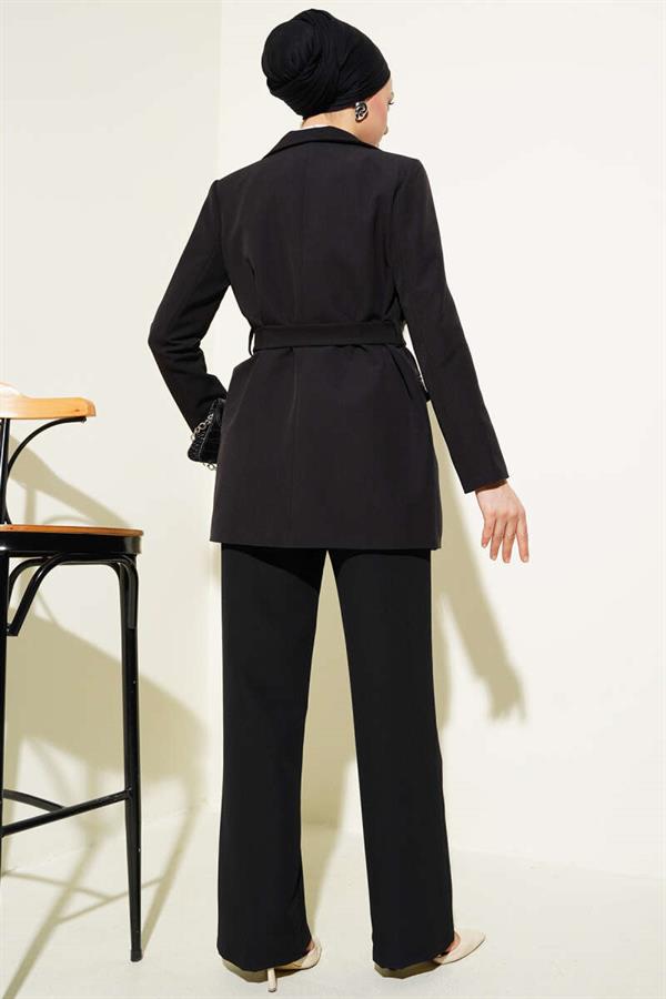 Belted Pocket Flap Jacket 2 Piece Set Black