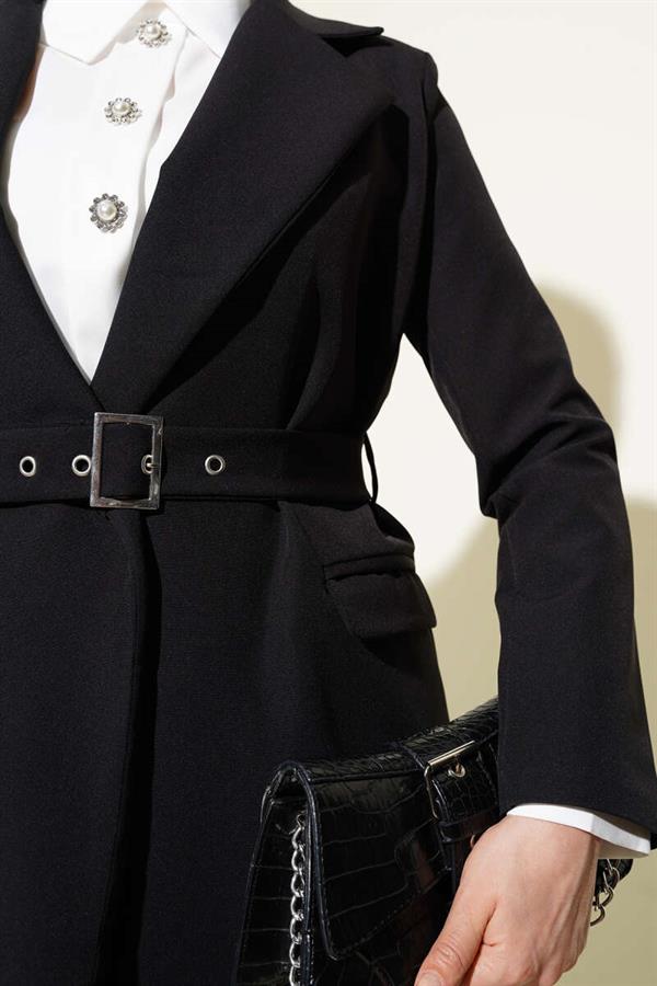 Belted Pocket Flap Jacket 2 Piece Set Black