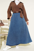 Blue Denim Skirt with Belt, Pockets, and Elastic Waist
