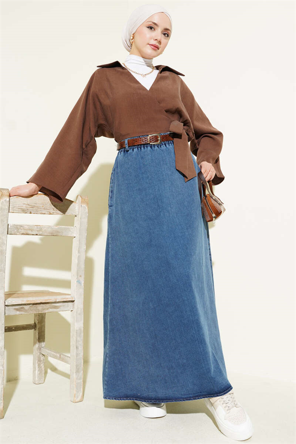 Blue Denim Skirt with Belt, Pockets, and Elastic Waist