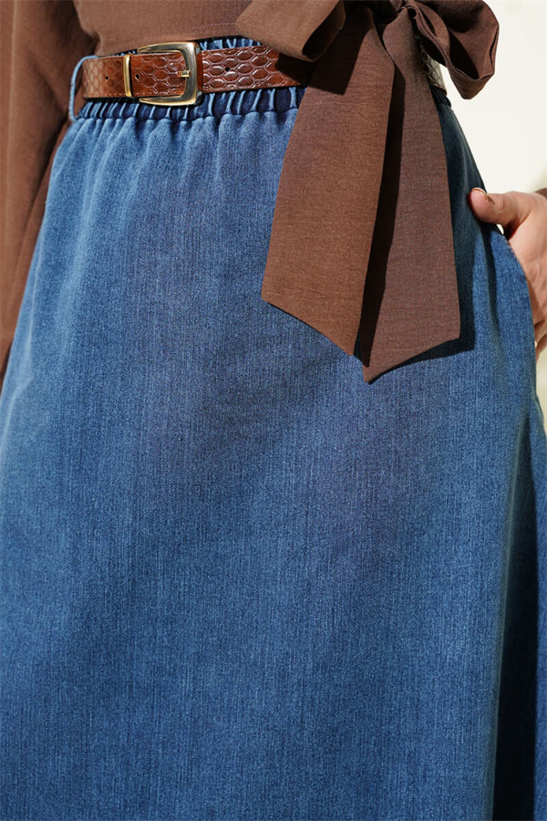 Blue Denim Skirt with Belt, Pockets, and Elastic Waist
