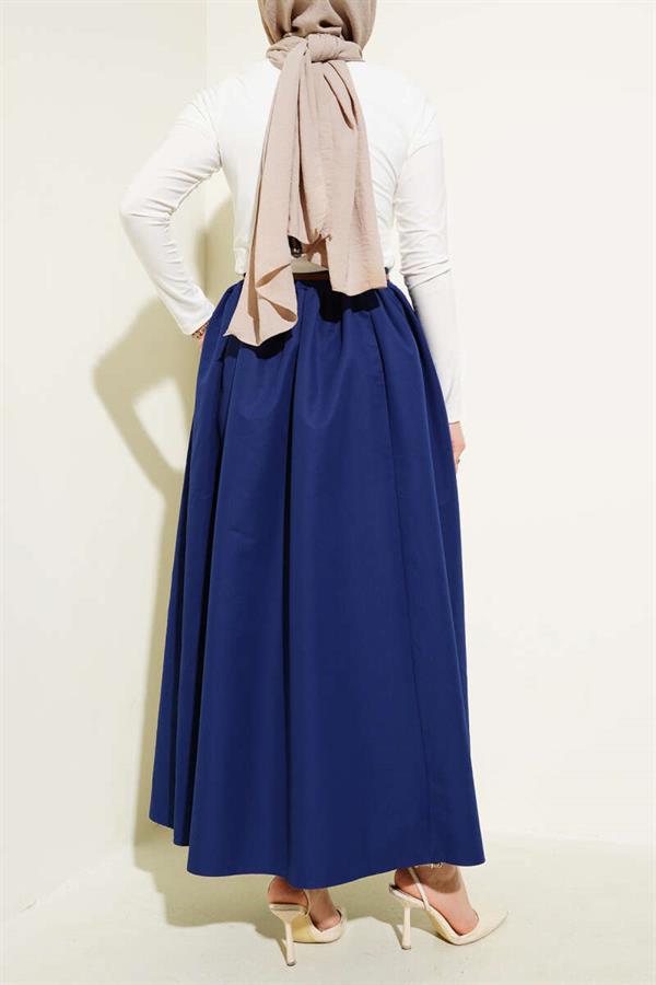 Belted Pocketed Flared Skirt Navy Blue