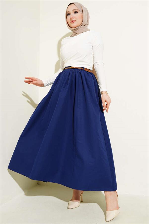 Belted Pocketed Flared Skirt Navy Blue