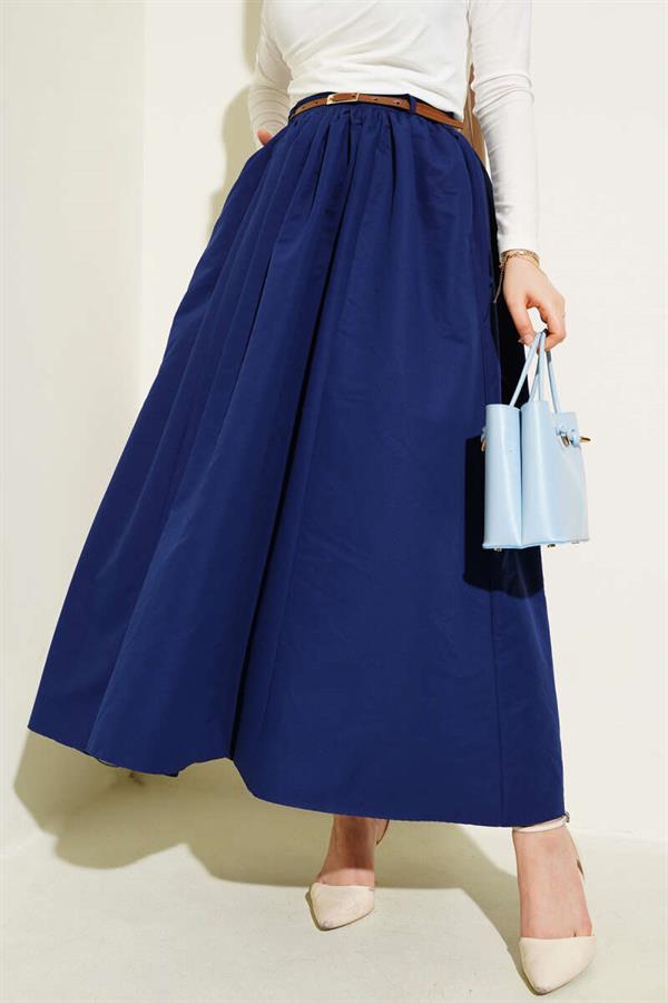 Belted Pocketed Flared Skirt Navy Blue