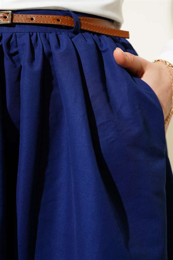Belted Pocketed Flared Skirt Navy Blue