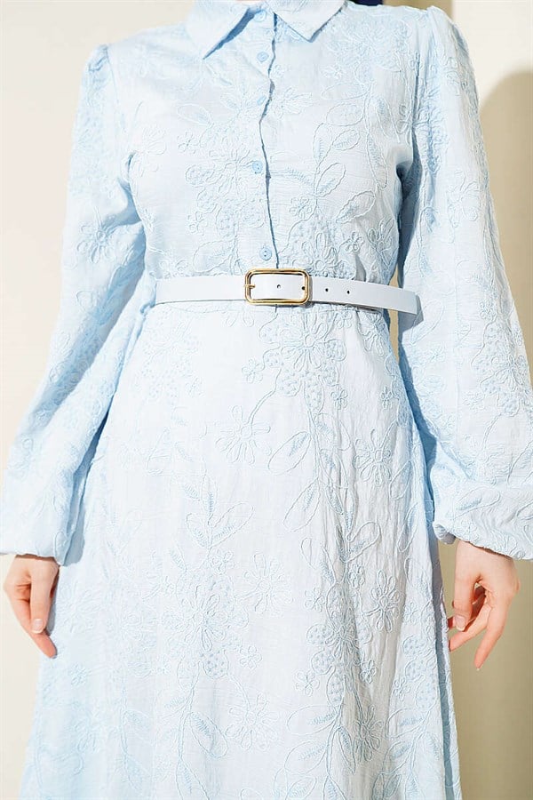 Belted Flower Embroidered Buttoned Dress Baby Blue