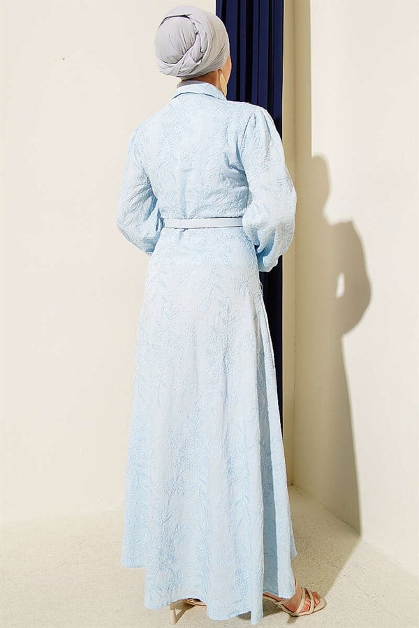 Belted Flower Embroidered Buttoned Dress Baby Blue