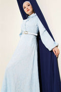 Belted Flower Embroidered Buttoned Dress Baby Blue