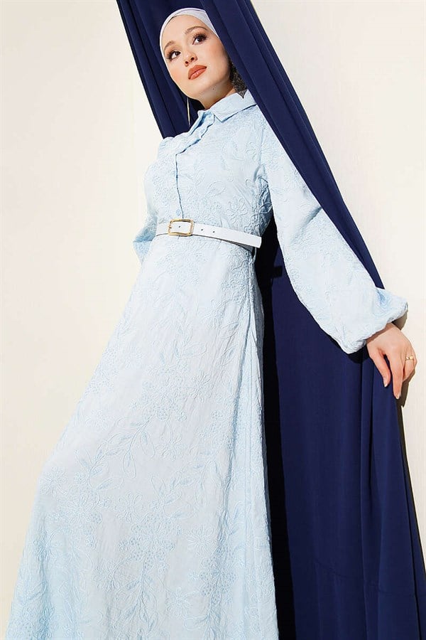 Belted Flower Embroidered Buttoned Dress Baby Blue