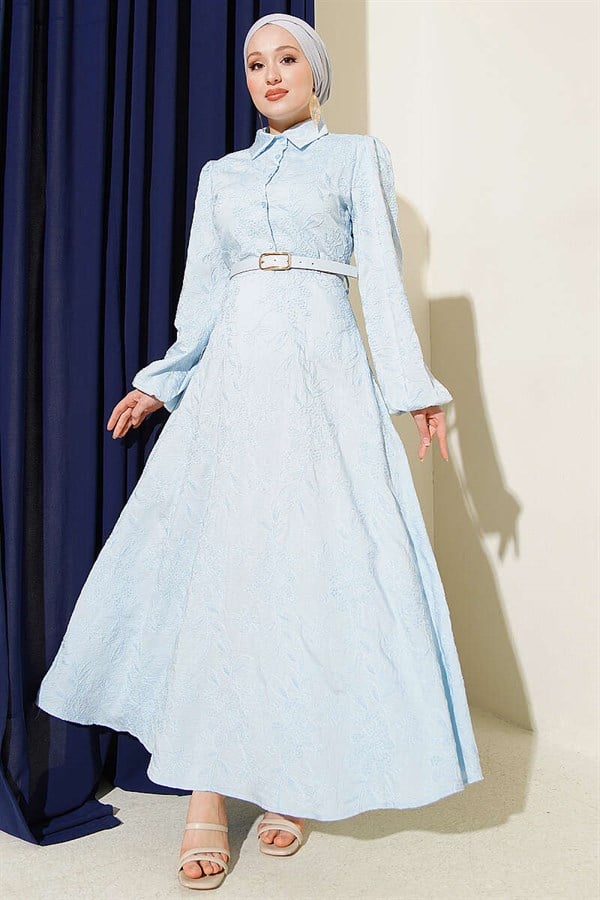 Belted Flower Embroidered Buttoned Dress Baby Blue