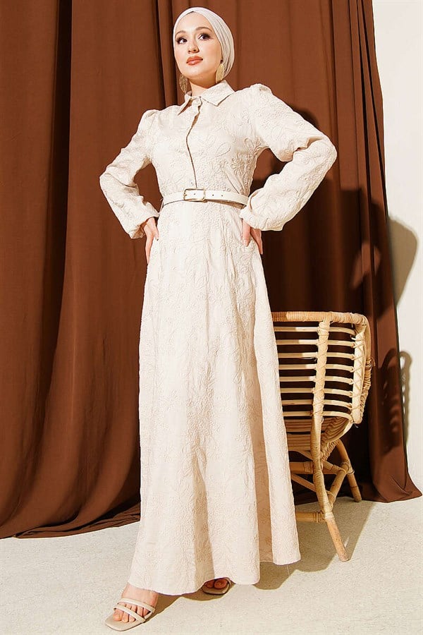Belted Dress with Floral Embroidery and Buttons, Beige