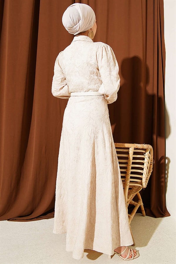 Belted Dress with Floral Embroidery and Buttons, Beige