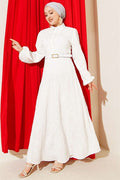 Belted Flower Embroidered Buttoned Dress, Ecru