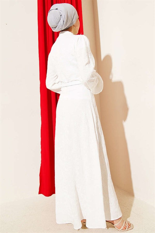 Belted Flower Embroidered Buttoned Dress, Ecru