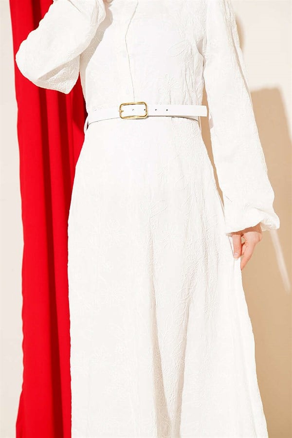 Belted Flower Embroidered Buttoned Dress, Ecru