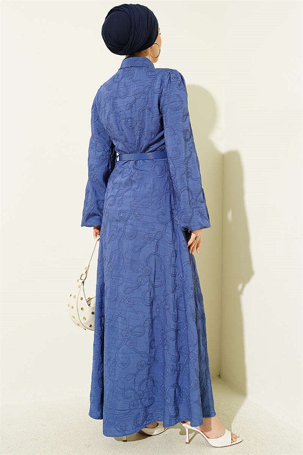 Belted Flower Embroidered Buttoned Dress Indigo