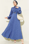Belted Flower Embroidered Buttoned Dress Indigo
