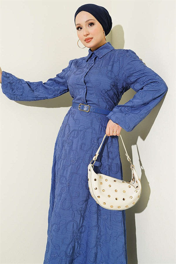 Belted Flower Embroidered Buttoned Dress Indigo