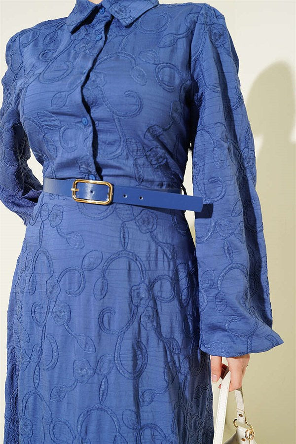 Belted Flower Embroidered Buttoned Dress Indigo