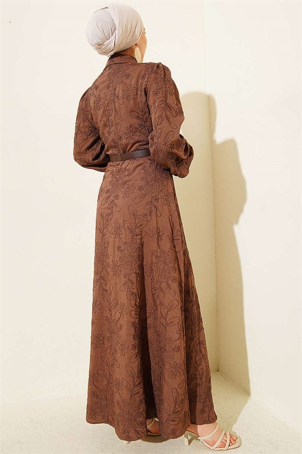 Belted Flower Embroidered Buttoned Dress, Coffee