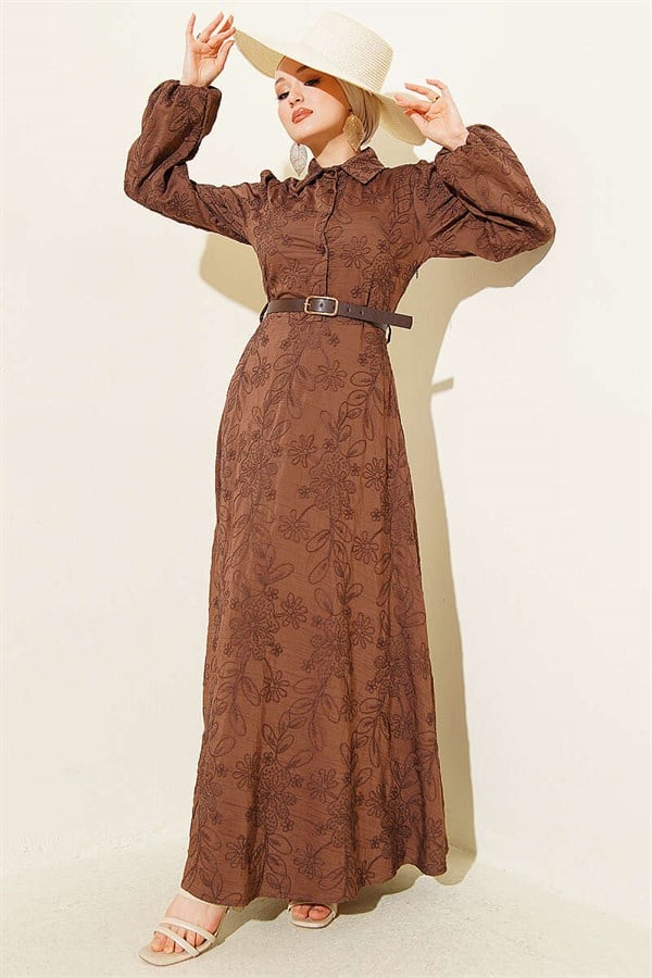 Belted Flower Embroidered Buttoned Dress, Coffee